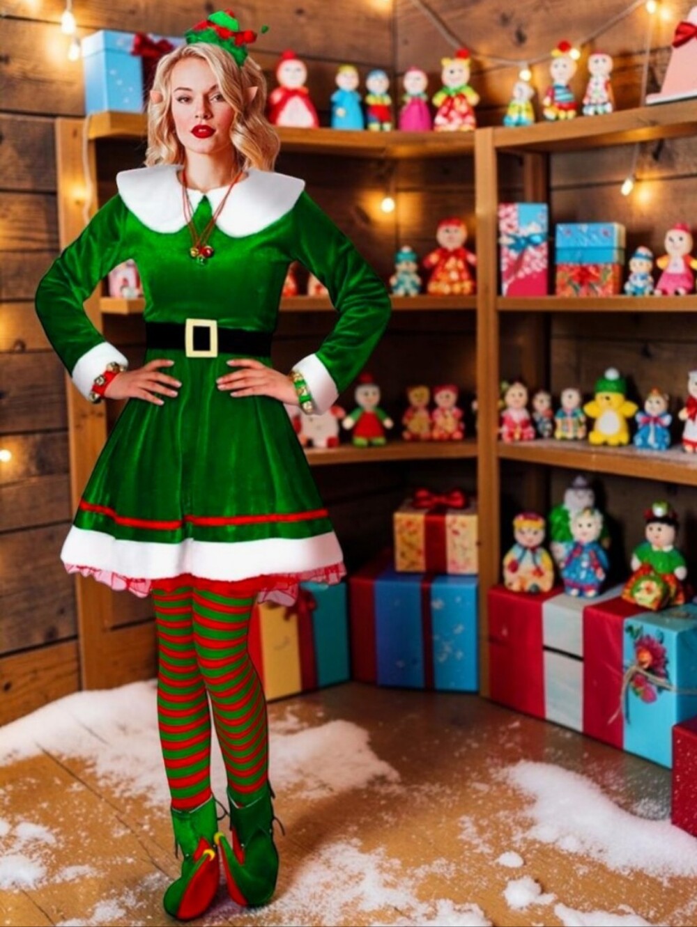 Women's Deluxe Velvet Elf Santa's Helper Costume - 14 Piece Set - XL